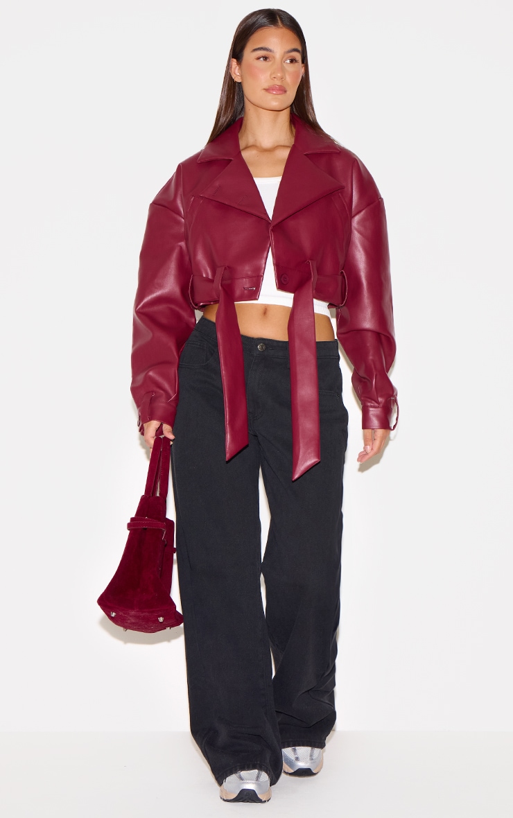 Burgundy Faux Leather Cropped Biker Jacket image 3