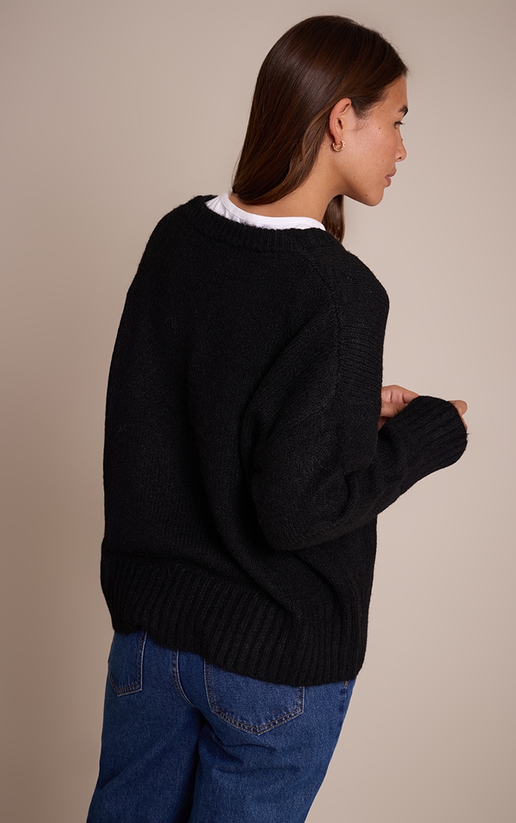 Black V Neck Rib Detail Jumper image 2