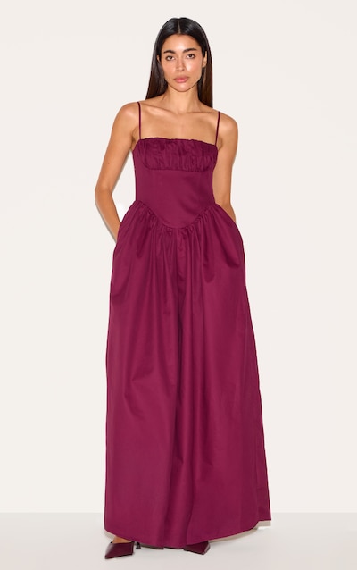 Plum Premium Ruched Corset Detail Wide Leg Jumpsuit