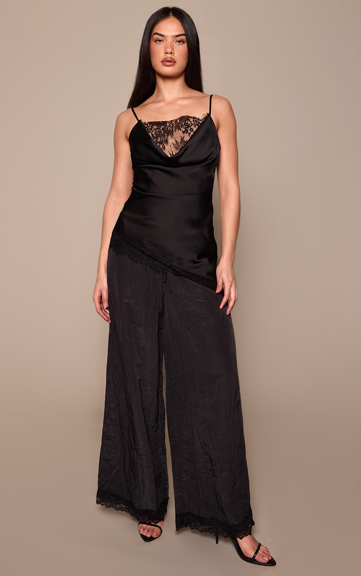 Black Textured Satin Lace Trim Trousers