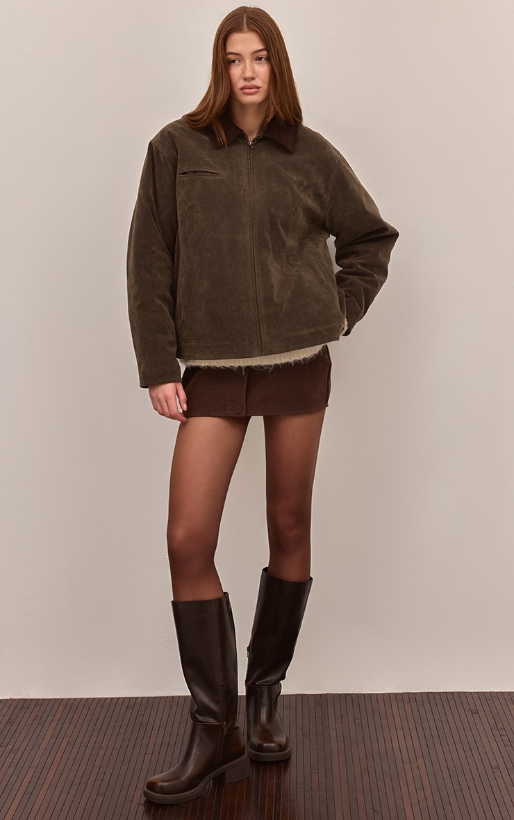 Khaki Faux Suede Contrast Collar Jacket image 3