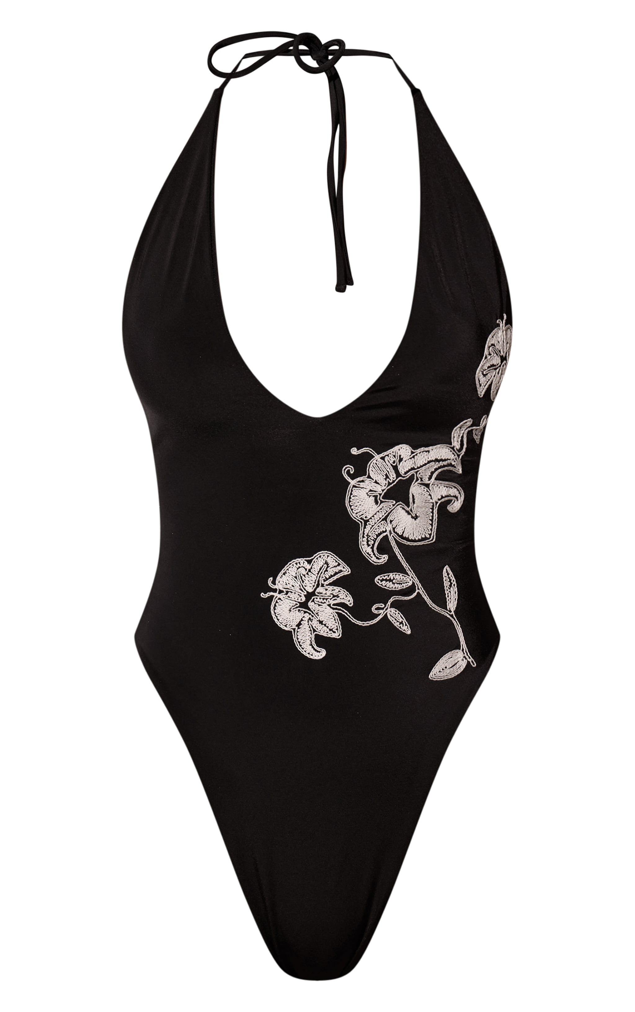 Black Embroidered Flower Plunge Swimsuit image 5