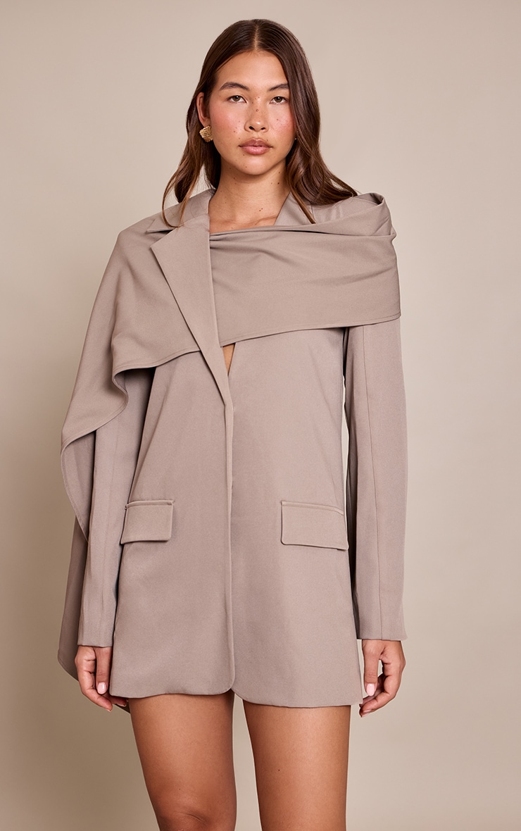 Grey Woven Scarf Detail Blazer Dress