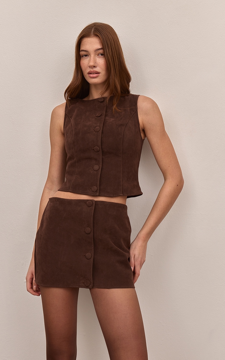 Dark Brown Faux Suede Button Through Vest image 4