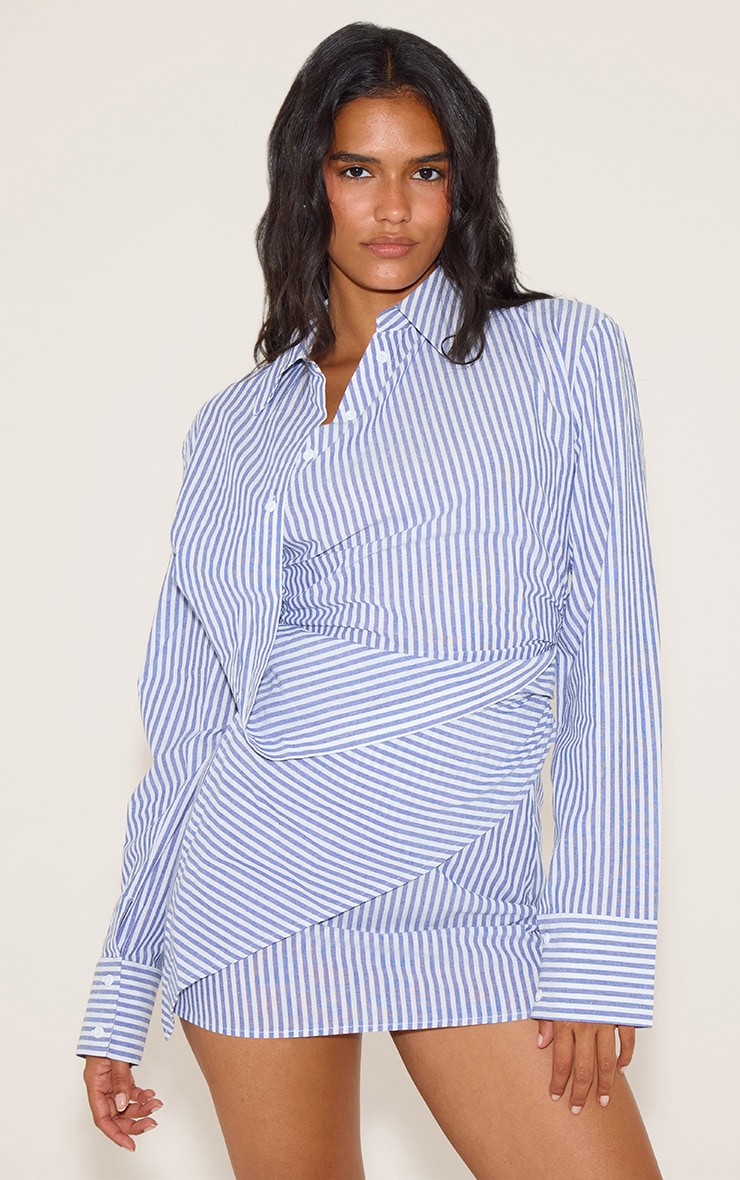 Blue Woven Stripe Asymmetric Shirt image 1
