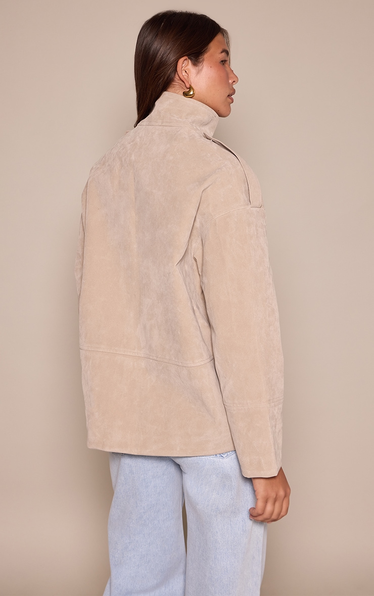 Stone Funnel Neck Concealed Placket Longline Suede Jacket image 2