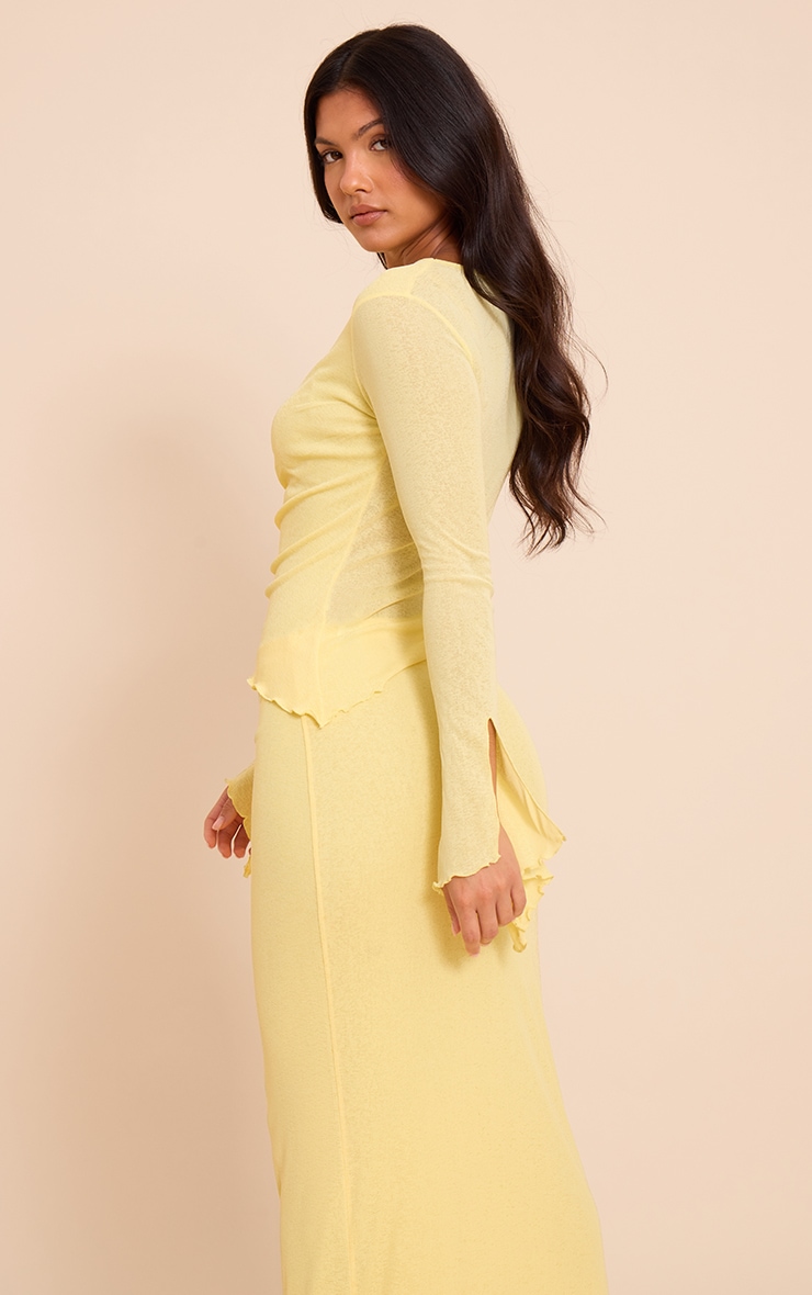 Lemon Burnout Mesh Ruched Front Flared Sleeve Long Top image 2