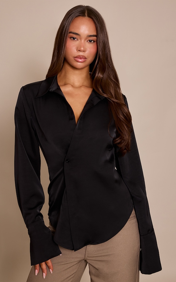Black Satin Asymmetric Button Shirt