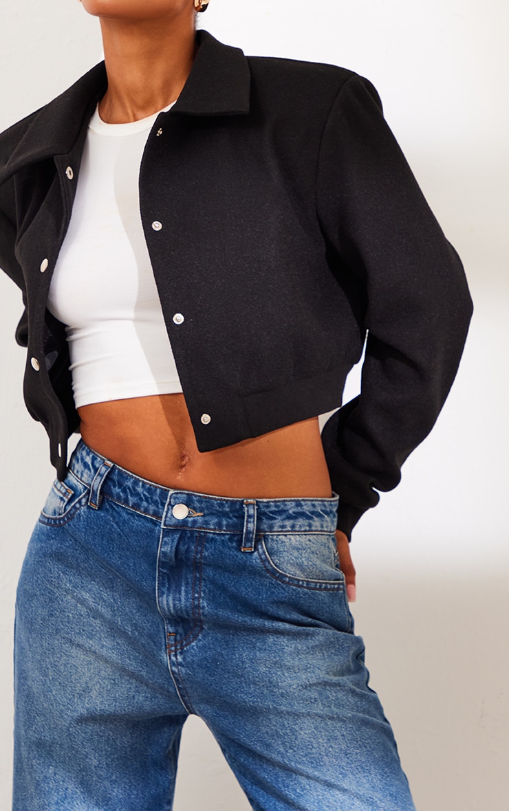 Black Shoulder Padded Wool Look Cropped Bomber Jacket image 4