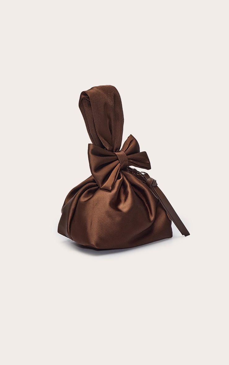 Chocolate Satin Bow Detail Clutch Bag image 3