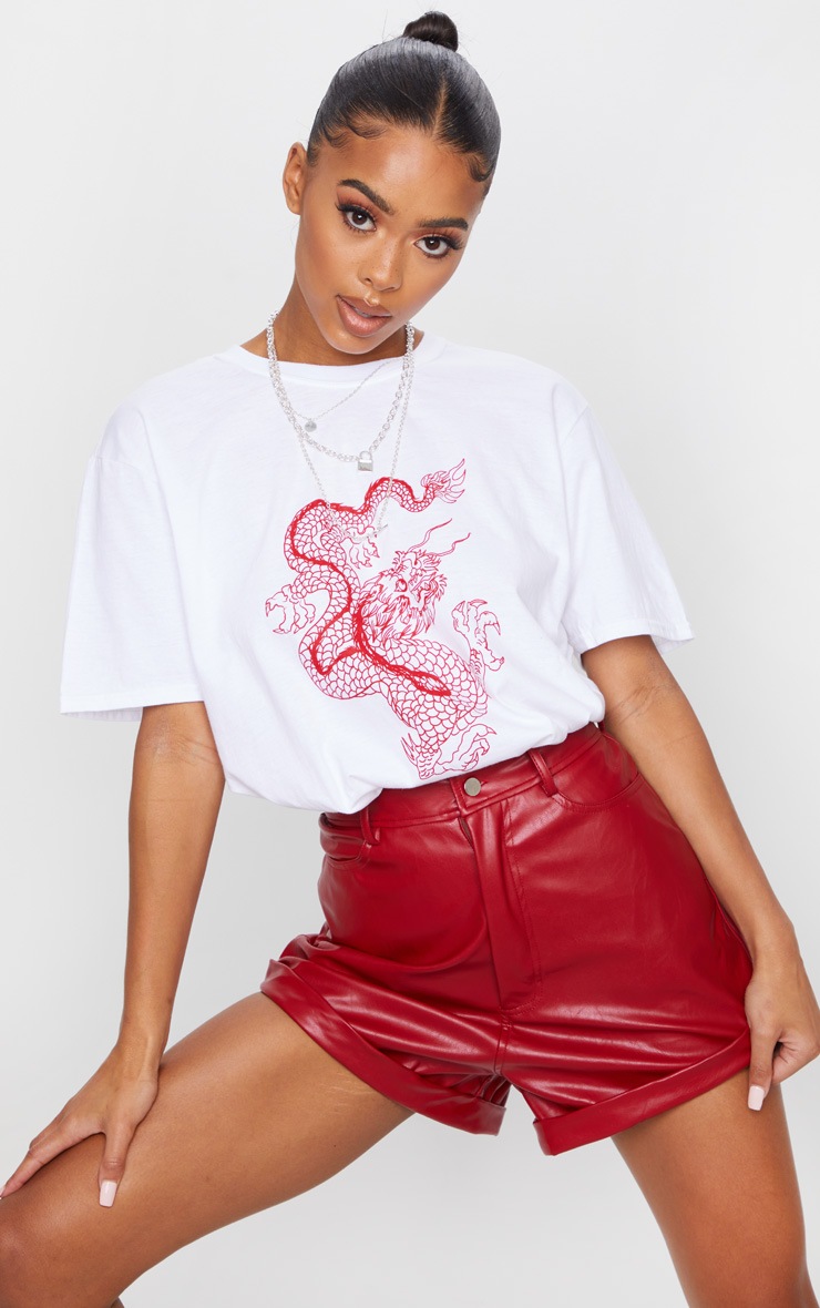 White Contrast Dragon Print T Shirt