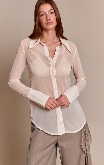 Cream Chiffon Oversized Collar Button Down Fitted Shirt