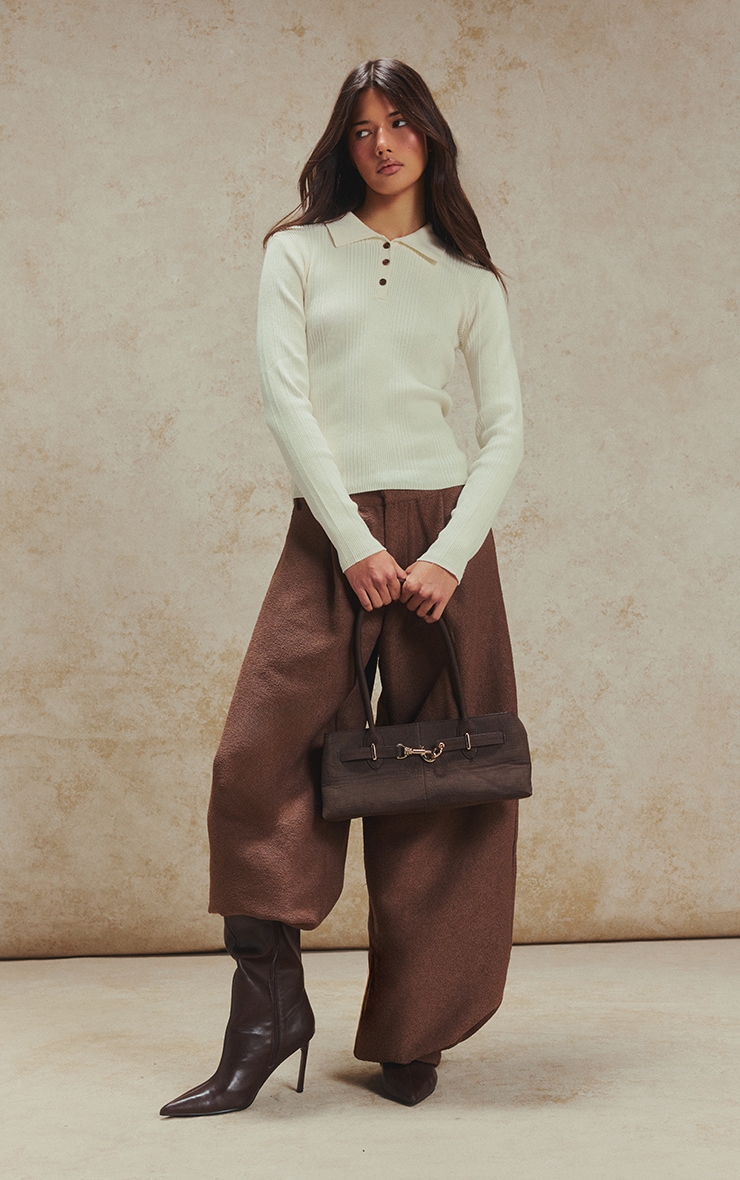 Top polo en maille tricot côtelée crème à manches longues image 3