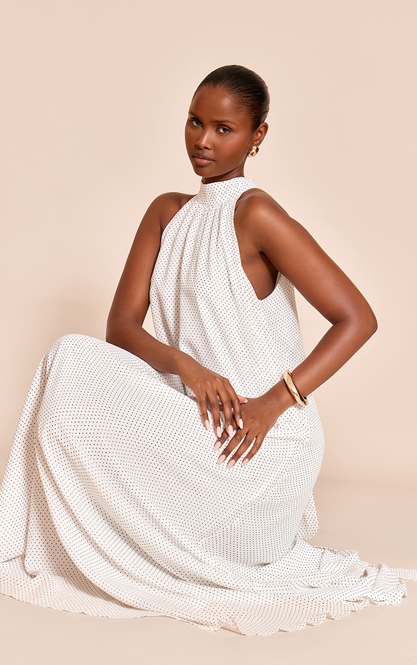 White Polka Dot Woven Halter neck Shift Dress