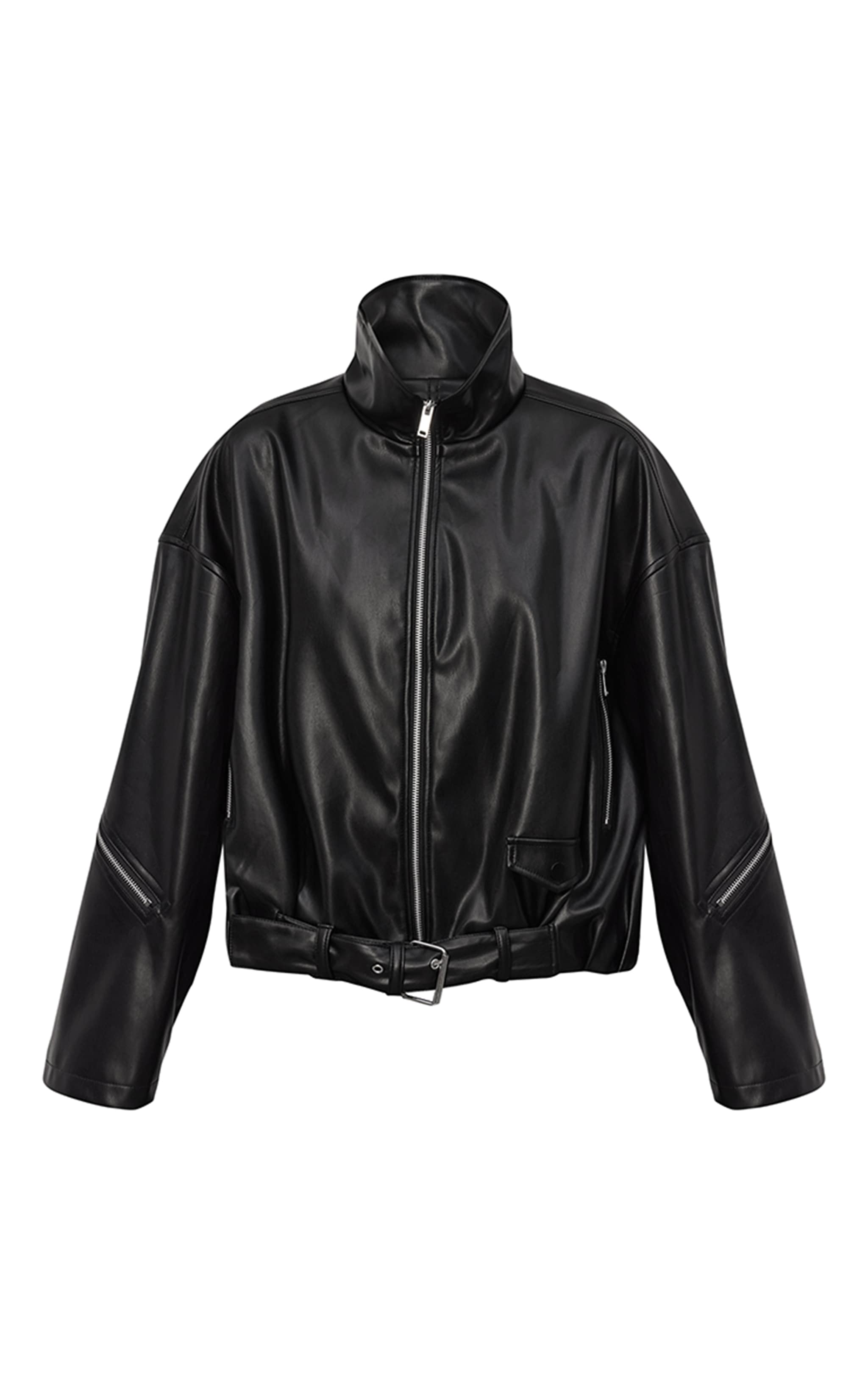 Black Low Belt Detail Ruched Faux Leather Biker Jacket  image 5