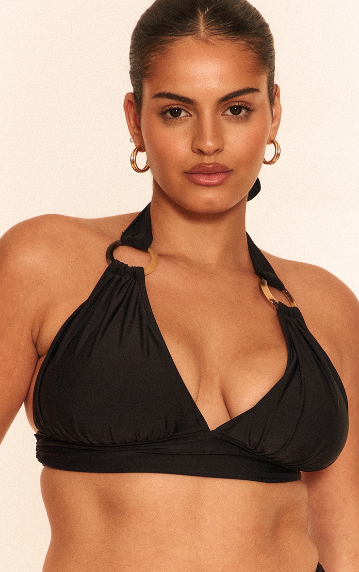 Plus Black O Ring Detail Ruched Triangle Bikini Top image 4