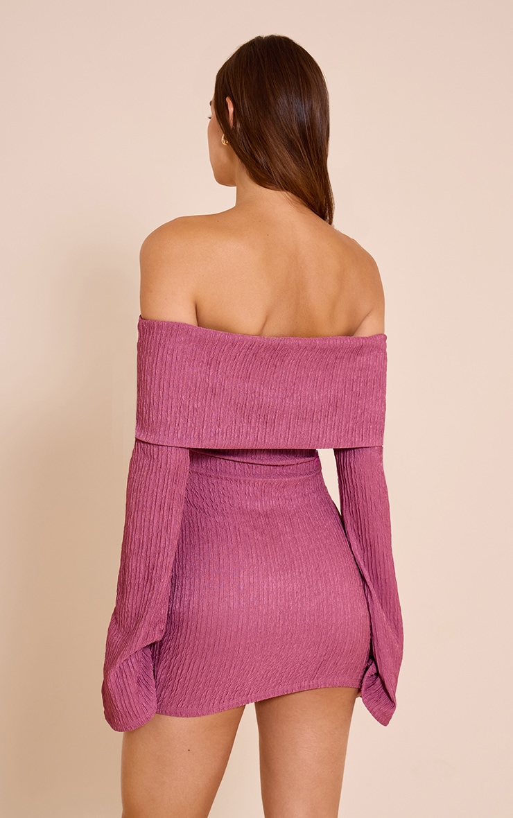 Mauve Textured Bardot Long Sleeve Bodycon Dress image 2