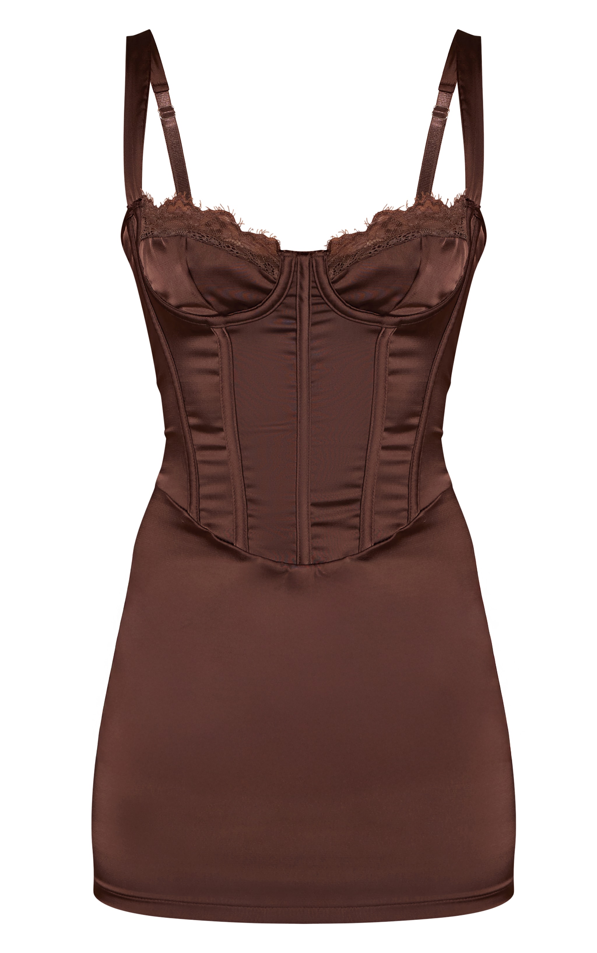 Chocolate Satin Lace Cup Detail Mini Dress image 5