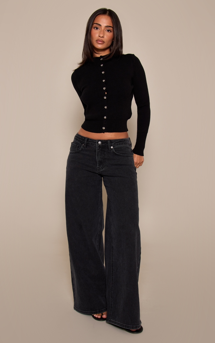 Petite Black Compact Knit Button Up Cardigan  image 3