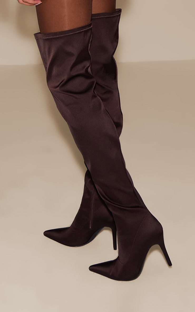 Chocolate Satin Point Toe Over The Knee Stiletto Boot image 4