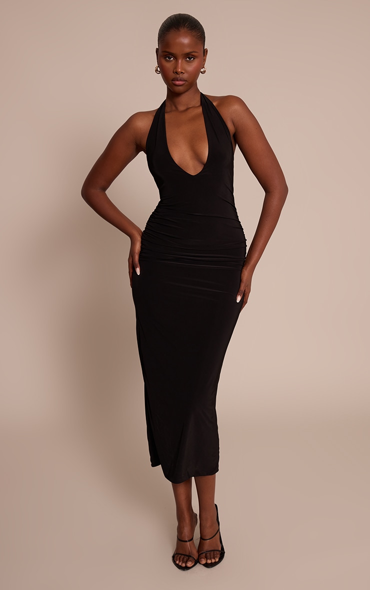 Black Slinky Extreme Plunge Bodycon Maxi Dress. image 1