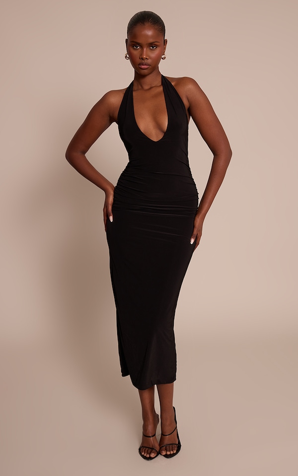 Black Slinky Extreme Plunge Bodycon Maxi Dress.