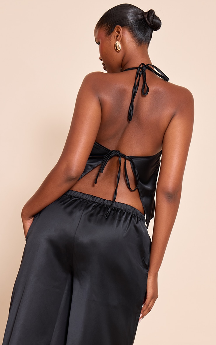 Black Satin Ruched Backless Tie Cami Top image 2