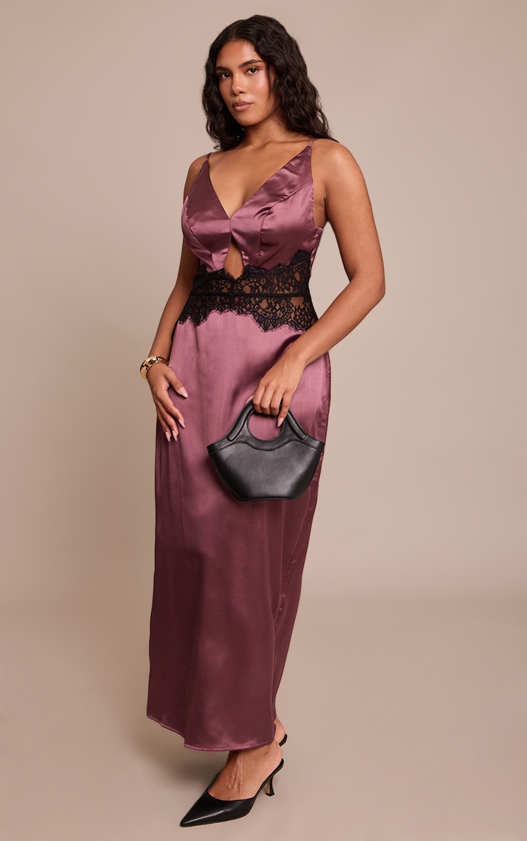 Shape Burgundy Acid Satin Lace Trim Maxi Dress image 3