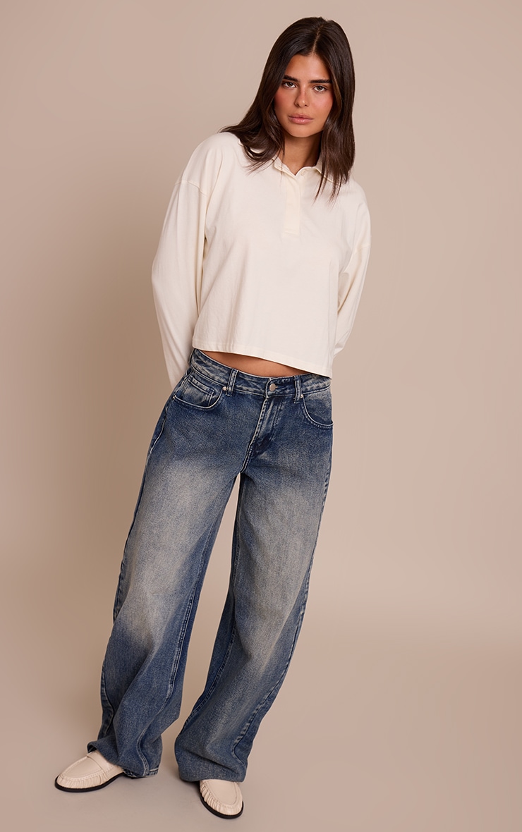 Cream Cotton Polo Collar Long Sleeve Cropped Top image 3