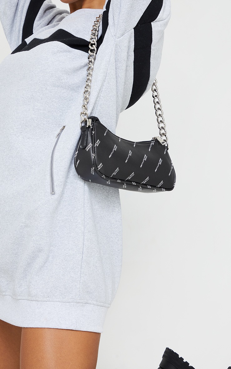 PRETTYLITTLETHING Black With Silver Chain Shoulder Bag