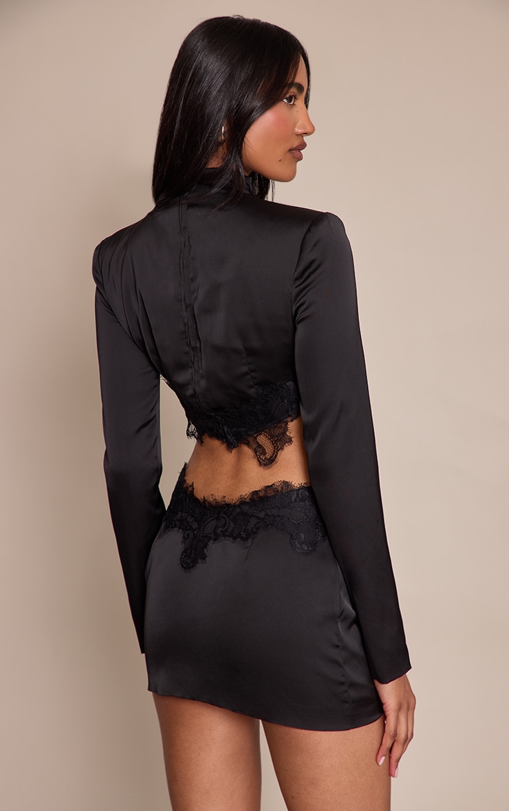 Black Satin Lace Trim Mini Skirt  image 3