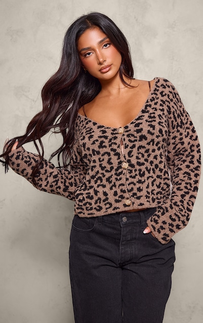 Petite Brown Leopard Print Knitted Cropped Cardigan