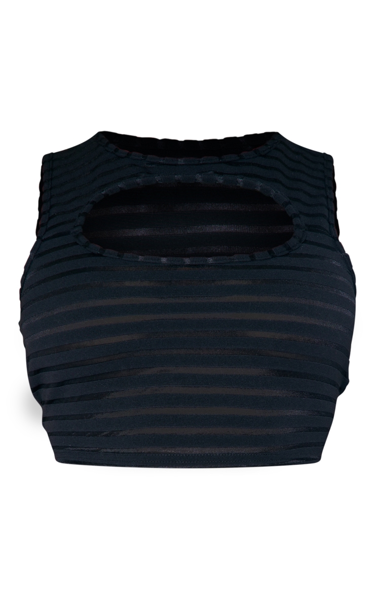 Black Textured Stripe Cut Out Front Crop Top image 5
