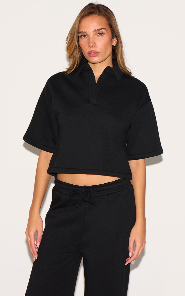 Black Boxy Collar Detail Cropped Sweatshirt image 1