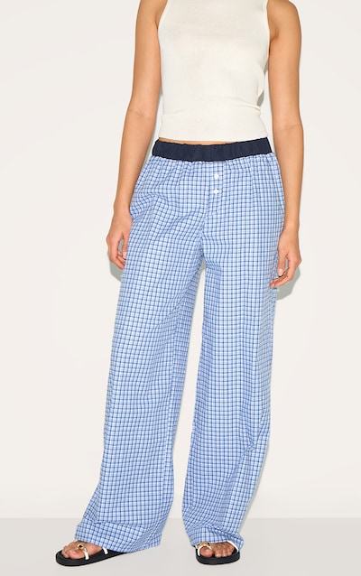 Blue Checked Contrast Waistband Boxer Wide Leg Pants