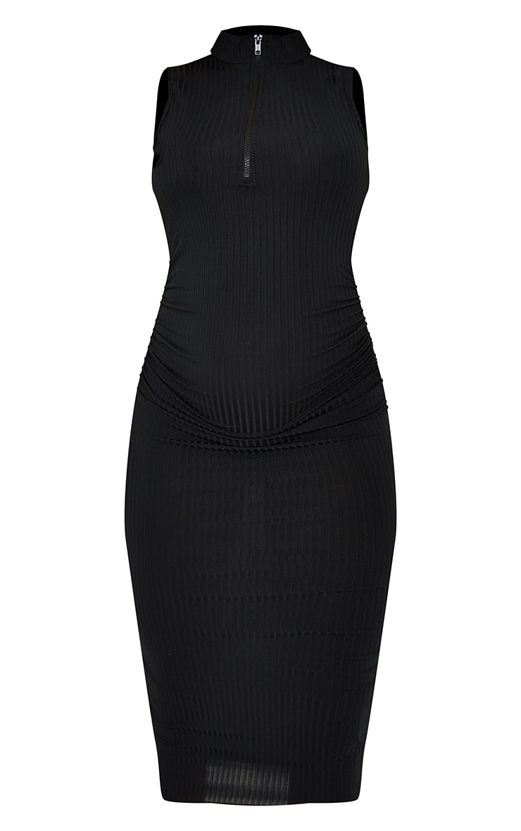 Maternity Black Zipped Ruched Side Midi Dress image 5