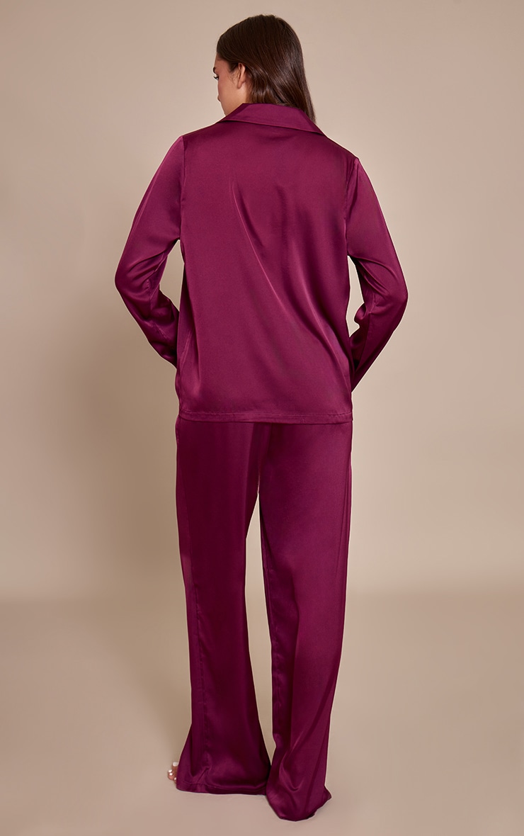 Wine Satin Long Sleeve Button Down Shirt PJ Set image 2