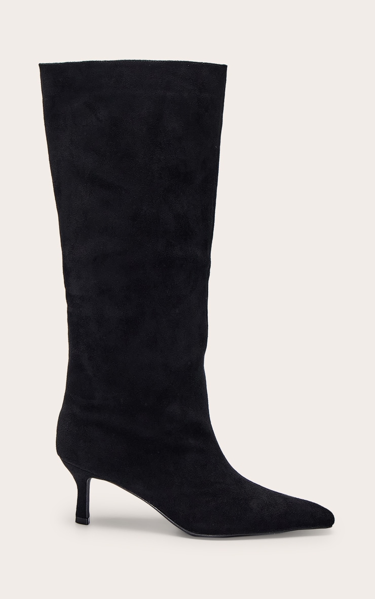 Black Faux Suede Snipped Toe Low Heel Knee Boots image 3