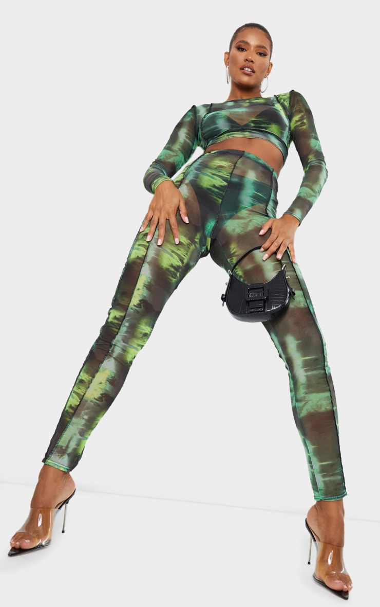 Green Abstract Water Colour Print Sheer Mesh Binding Long Sleeve Crop Top