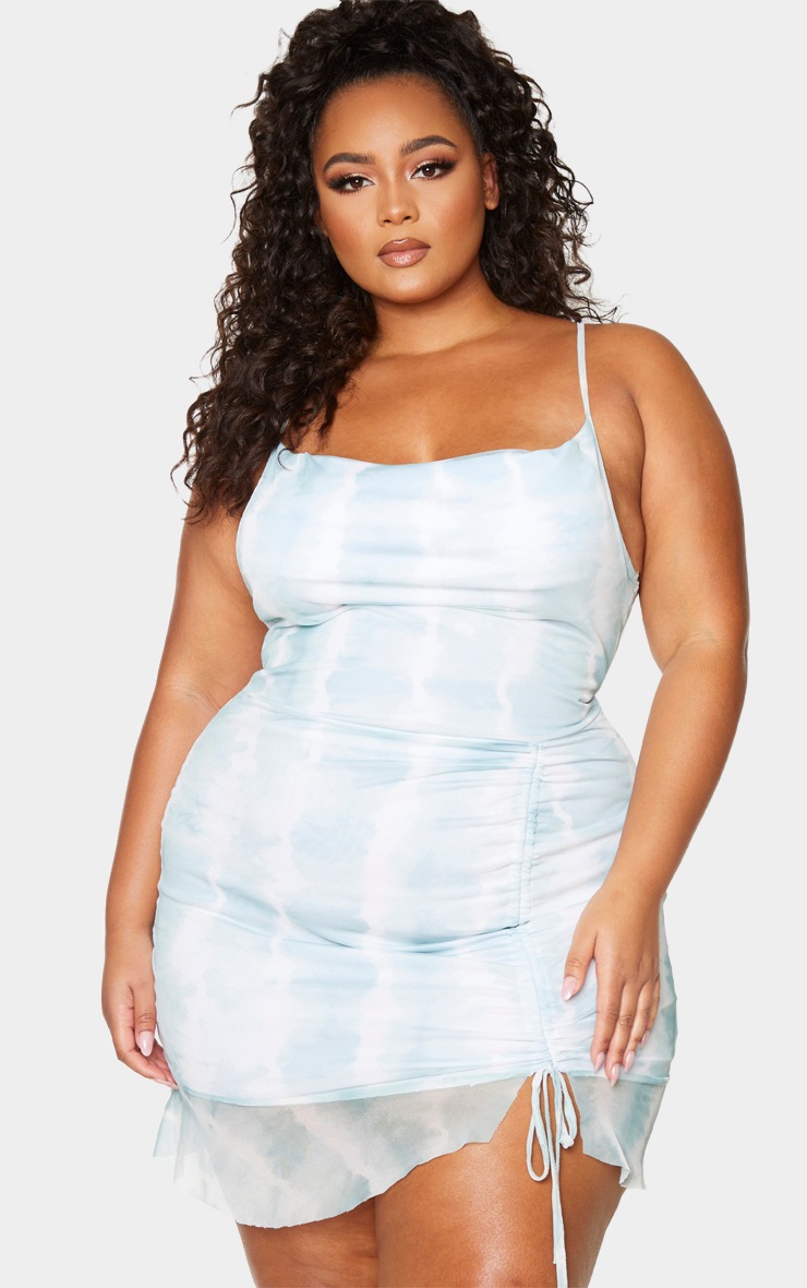 Plus Teal Tie Dye Ruched Bodycon Dress