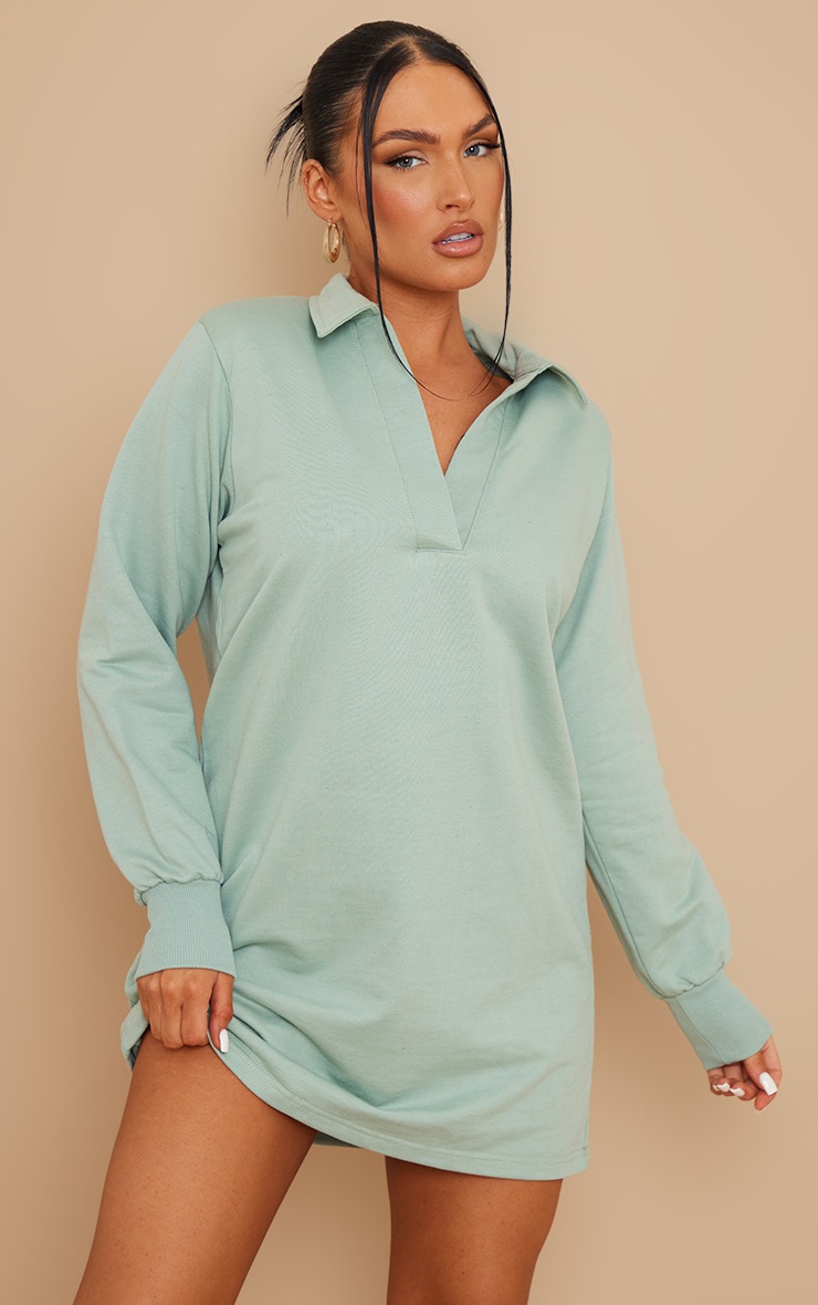 Sage Khaki Shoulder Pad Open Collar Boxy Sweat Sweatshirt Dress 1