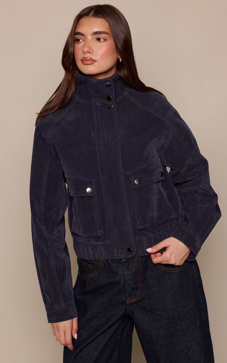Navy High Neck Utility Pocket Cropped Suede Bomber