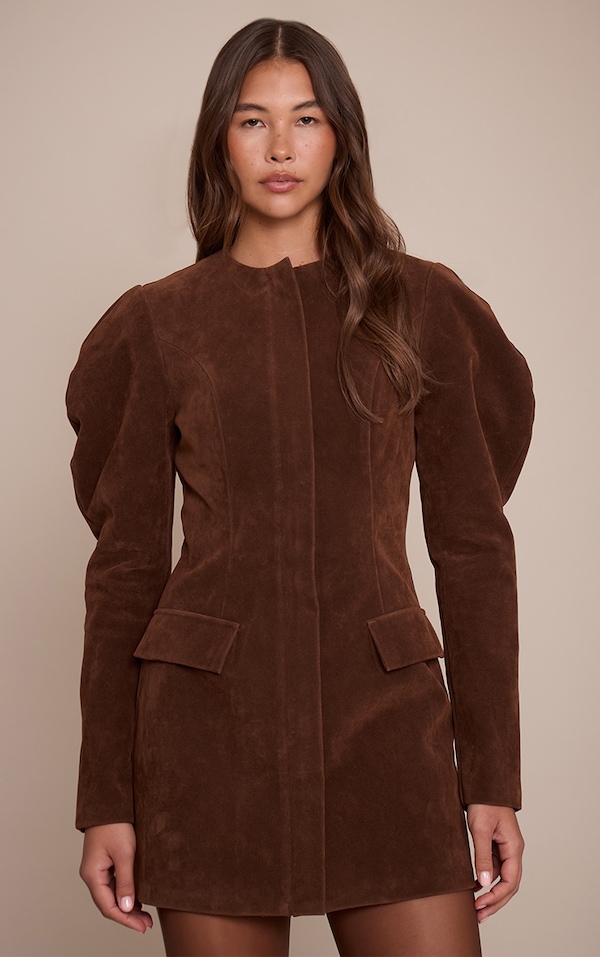 Chocolate Suede Zip Up Blazer Dress