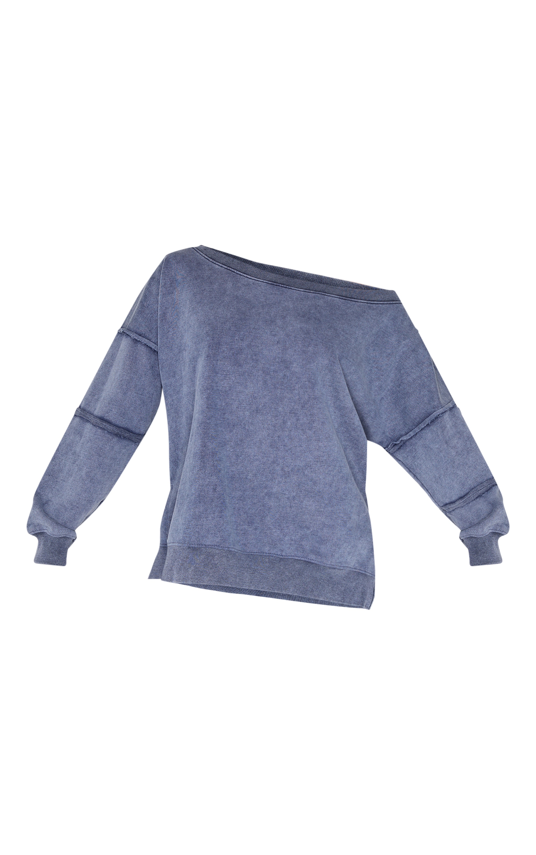 Sweat délavé bleu gris à épaule dénudée et coutures élimées image 5