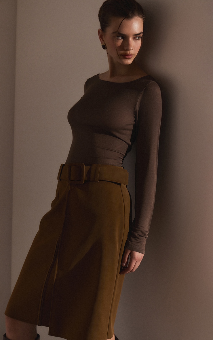 Light Brown Sheer Soft Touch Crew Neck Long Sleeve Top image 1