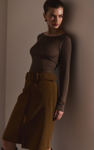 Light Brown Sheer Soft Touch Crew Neck Long Sleeve Top