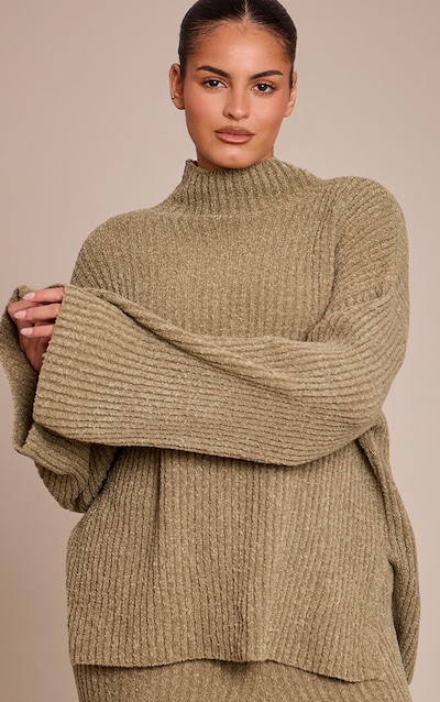 Plus Pull oversize en maille tricot bouclée côtelée kaki