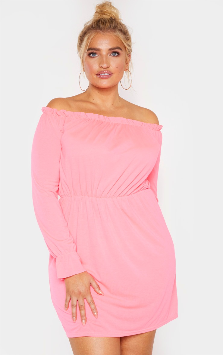 Plus Neon Pink Bardot Frill Detail Shift Dress image 1