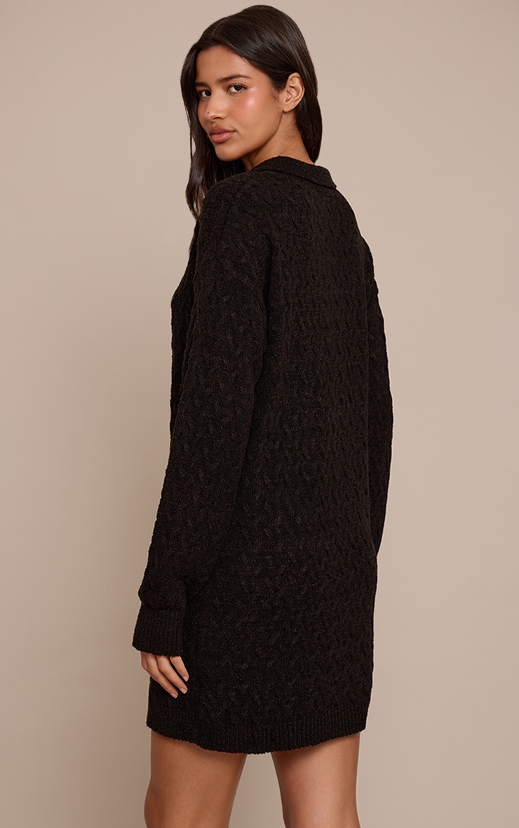 Tall Black Boucle Cable Knit Mini Shirt Dress image 2