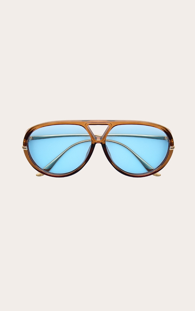Brown Frame Blue Lens Aviator Sunglasses image 2
